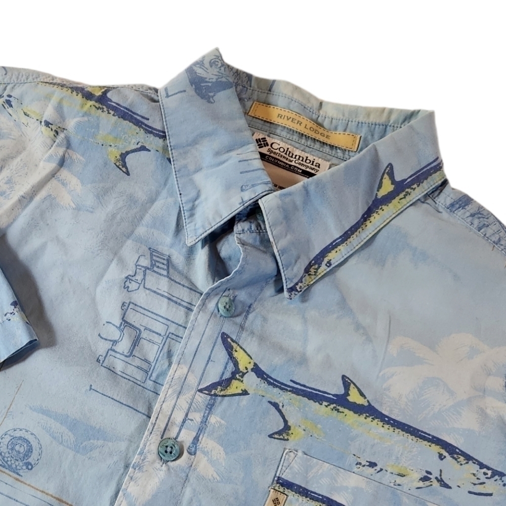 Columbia Mens L River Lodge Trout Fishing Outdoor Vented Performance Shirt Blue